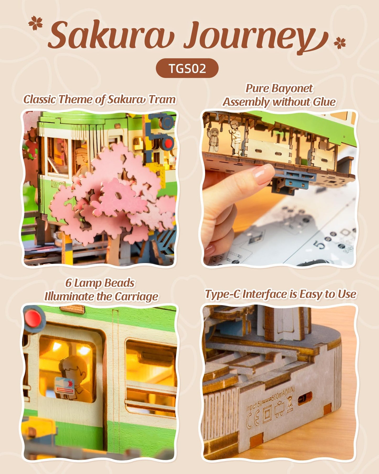 Rolife Sakura Journey Tram 3D Wooden Puzzle with LED Lights – DIY Model Kit