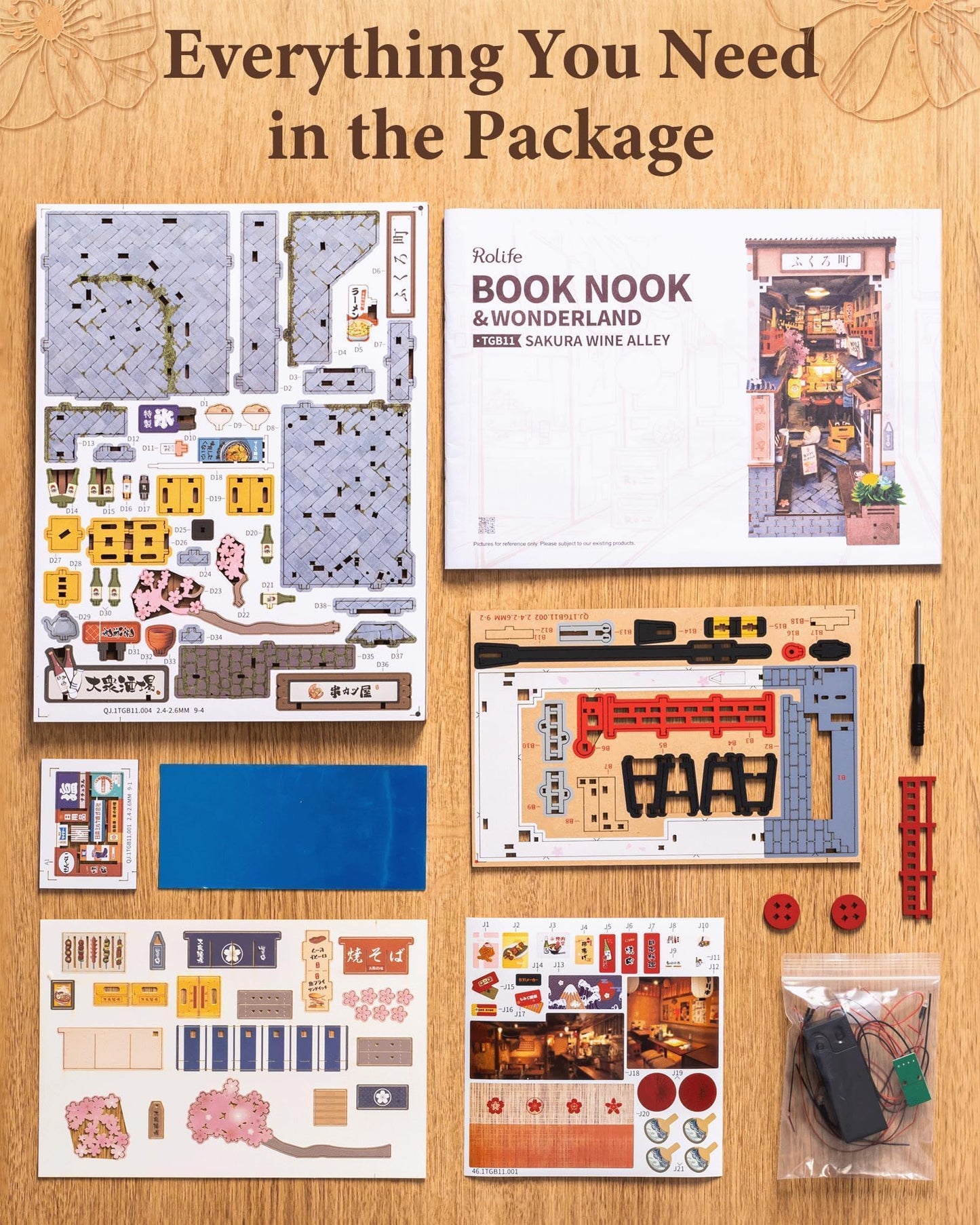 Rolife Book Nook Shelf Insert: Sakura Wine Alley DIY Miniature Kit with Mirror & Touch Light