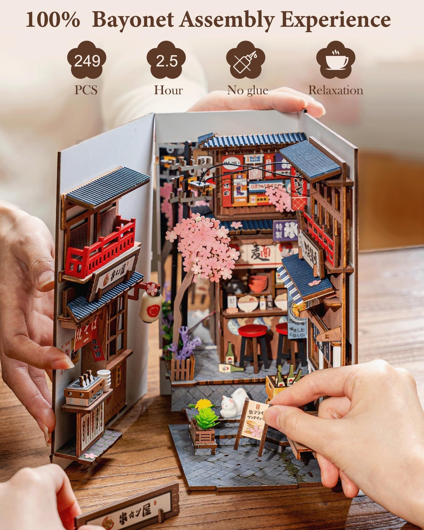 Rolife Book Nook Shelf Insert: Sakura Wine Alley DIY Miniature Kit with Mirror & Touch Light
