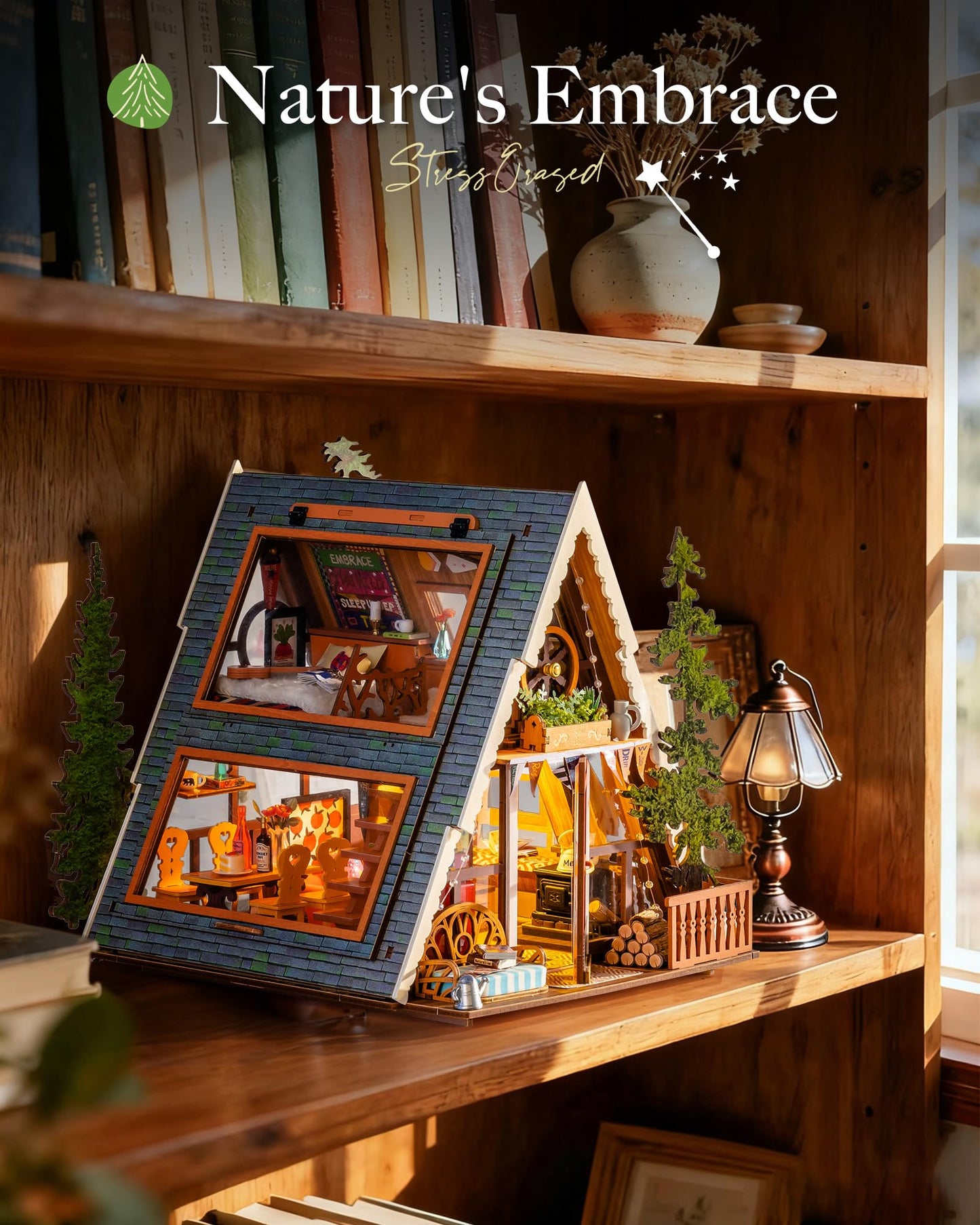 Rolife A-Frame Cabin Dollhouse Kit for Adults — DIY Miniature House, 336 Pieces, No Glue