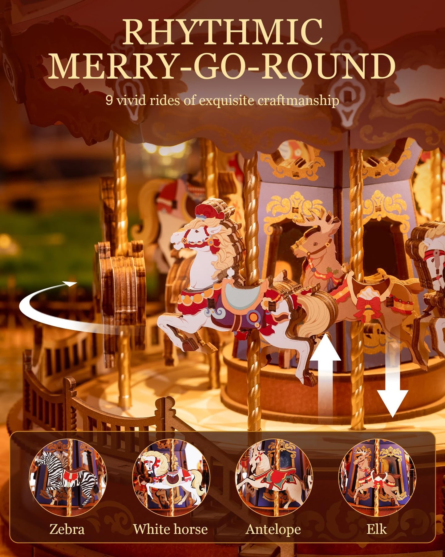 Rolife Wooden 3D Carousel Puzzle – DIY Music Box with Lights (11.6 in) for Adults