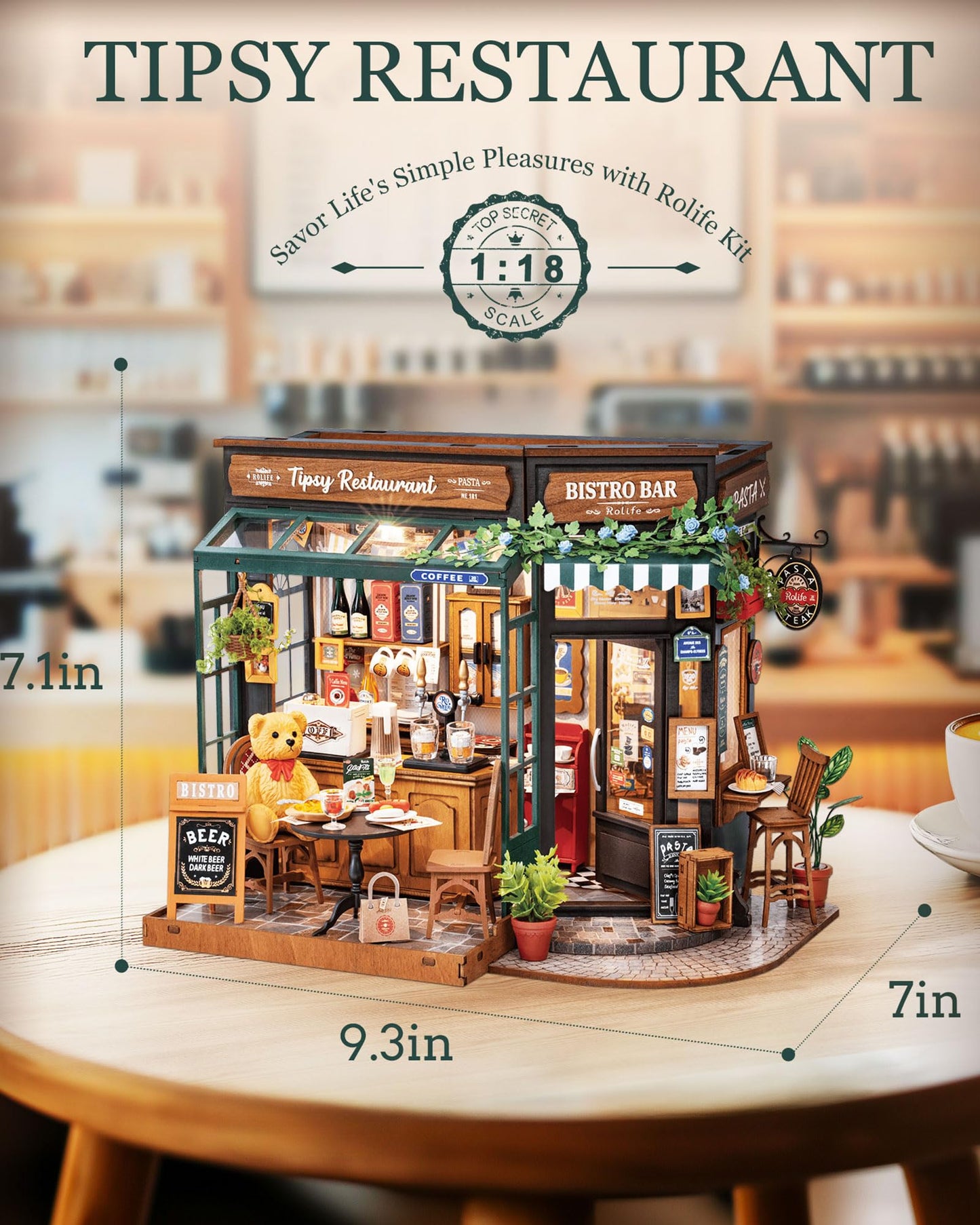 Rolife DIY Miniature House Kit 1:18 Tipsy Restaurant – Coffee & Bar Dollhouse with LED Light
