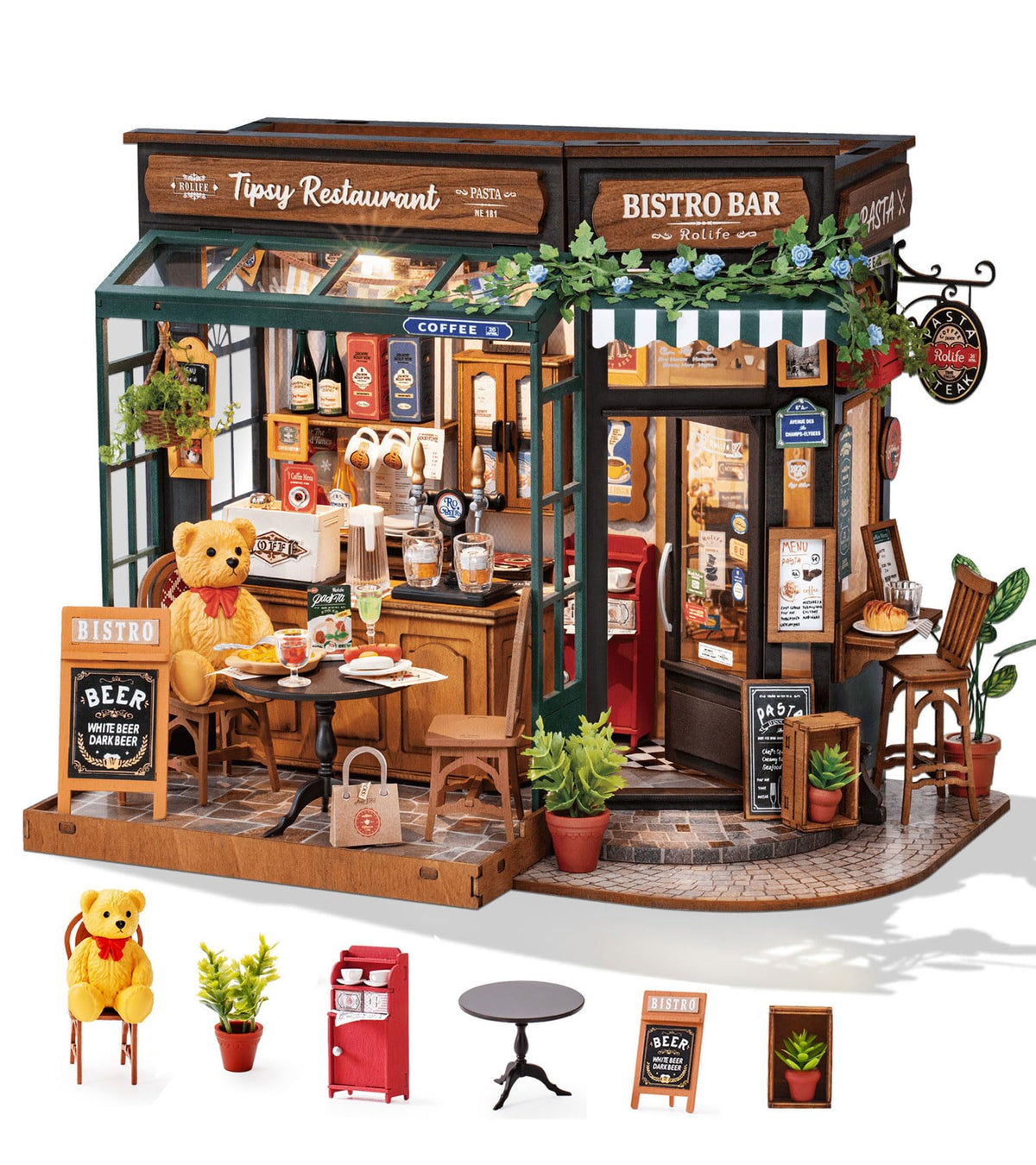 Rolife DIY Miniature House Kit 1:18 Tipsy Restaurant – Coffee & Bar Dollhouse with LED Light