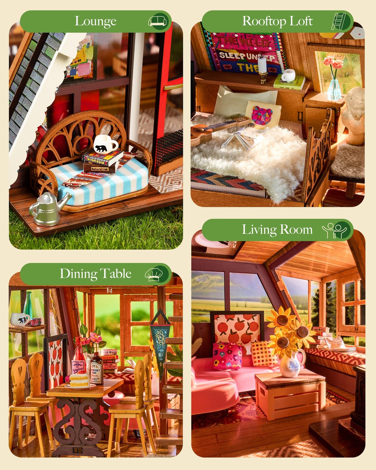 Rolife A-Frame Cabin Dollhouse Kit for Adults — DIY Miniature House, 336 Pieces, No Glue