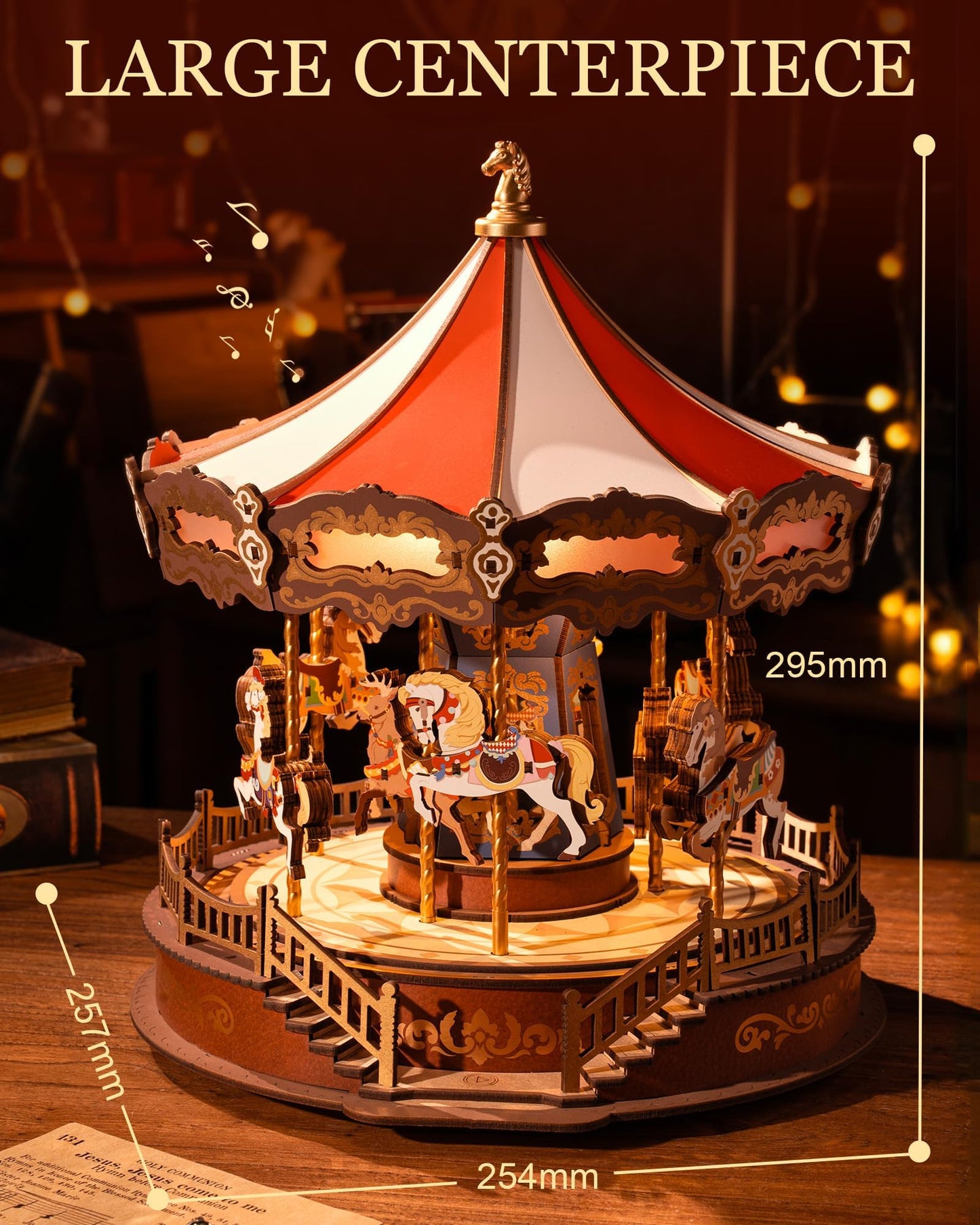 Rolife Wooden 3D Carousel Puzzle – DIY Music Box with Lights (11.6 in) for Adults