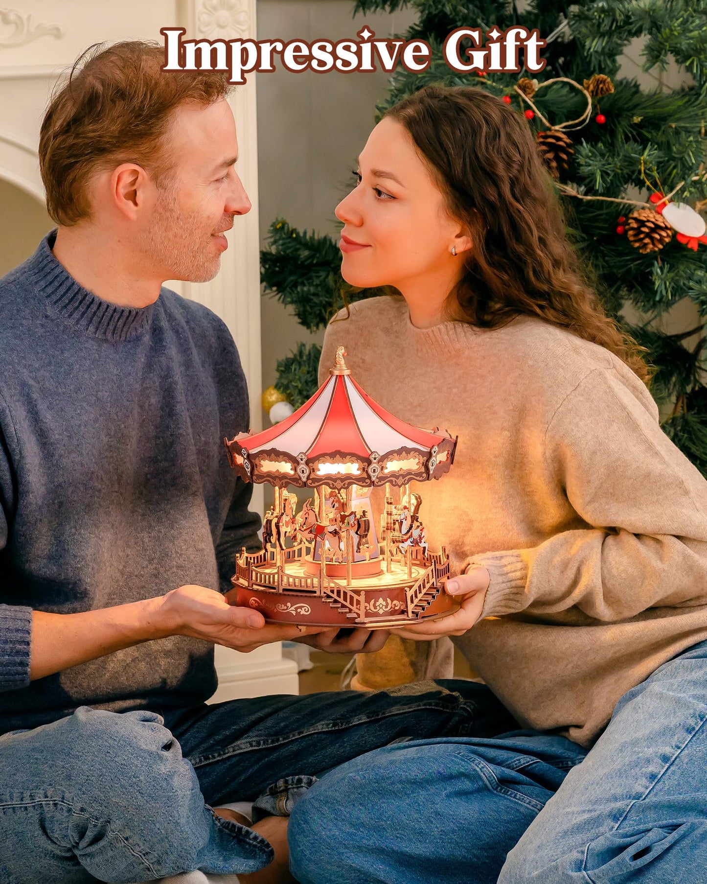 Rolife Wooden 3D Carousel Puzzle – DIY Music Box with Lights (11.6 in) for Adults