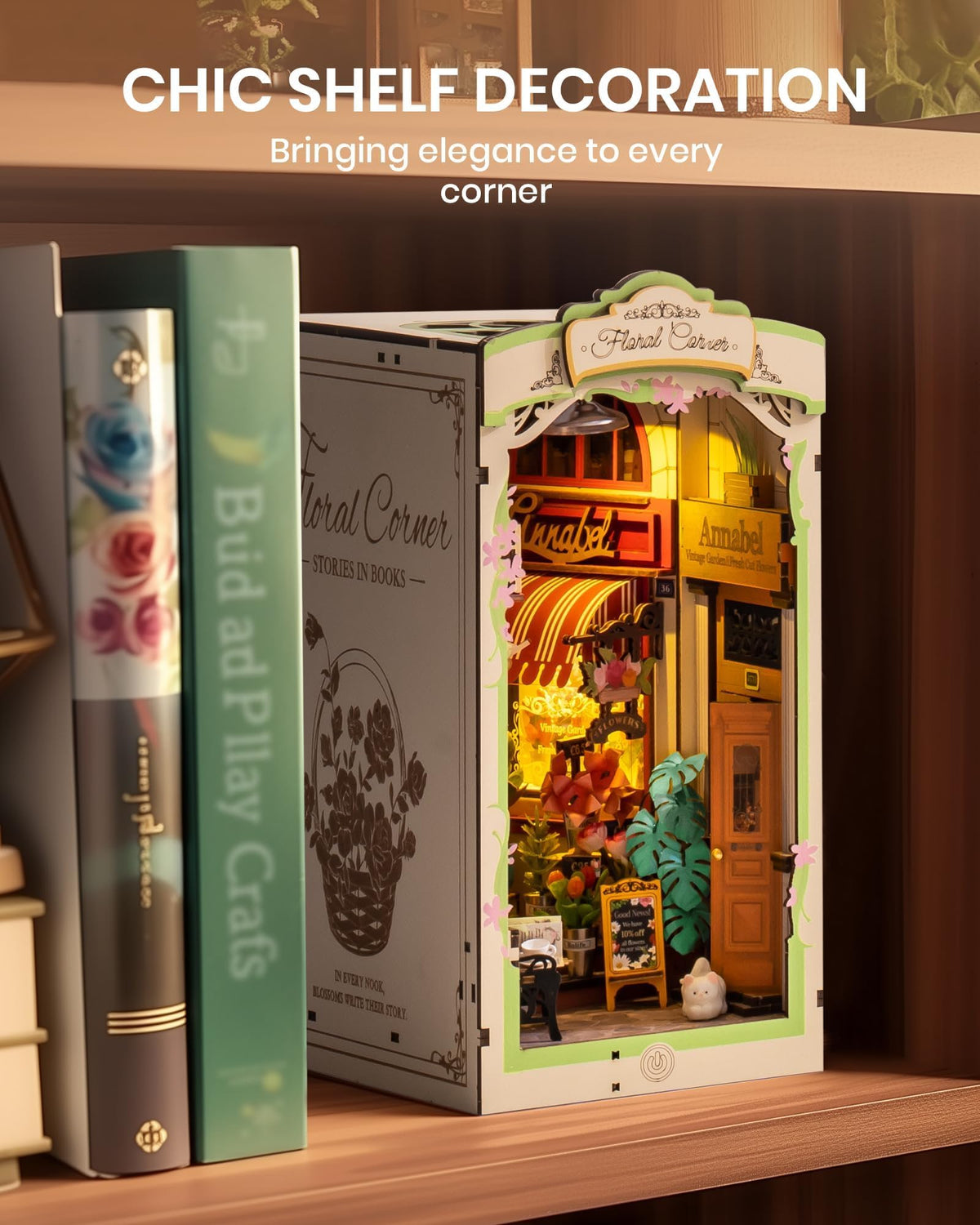 Rolife DIY Book Nook Kits for Adults — 3D Wooden Puzzle with LED Lights, Flower Corner Diorama