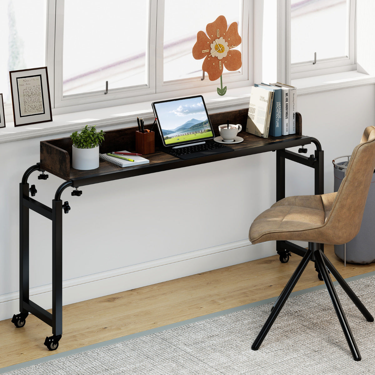 Rolling Computer Desk with Wheels and Metal Frame-Rustic Brown