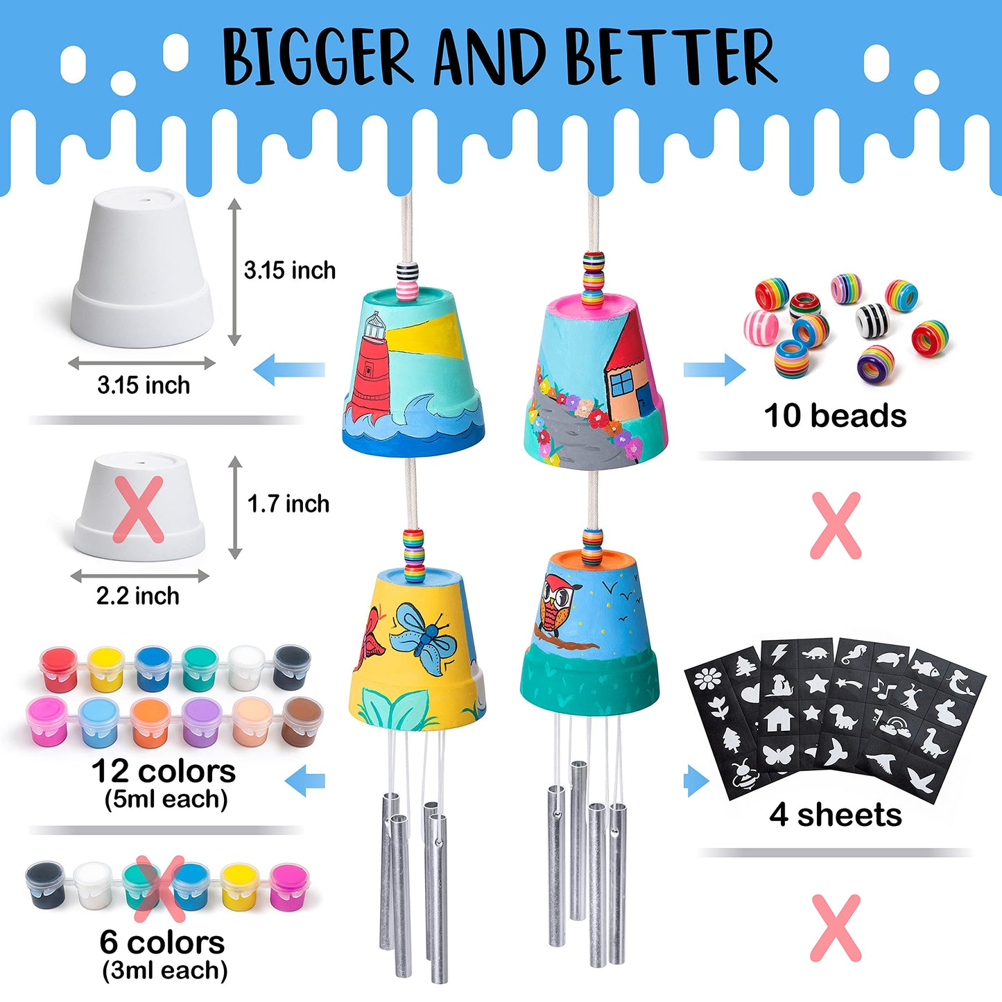 Romi's Way 2-Pack Make Your Own Wind Chime Kit – Larger Bells, Stencils & Beads for Kids 6-12