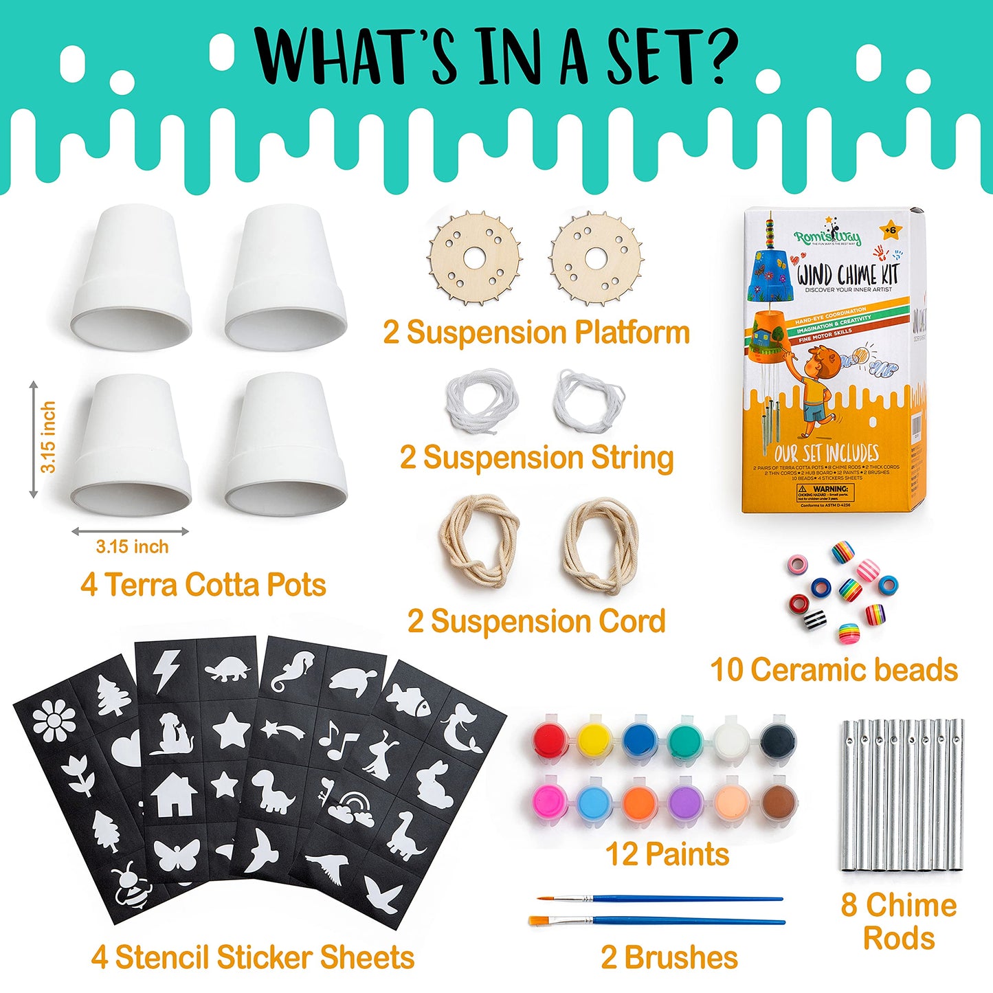 Romi's Way 2-Pack Make Your Own Wind Chime Kit – Larger Bells, Stencils & Beads for Kids 6-12