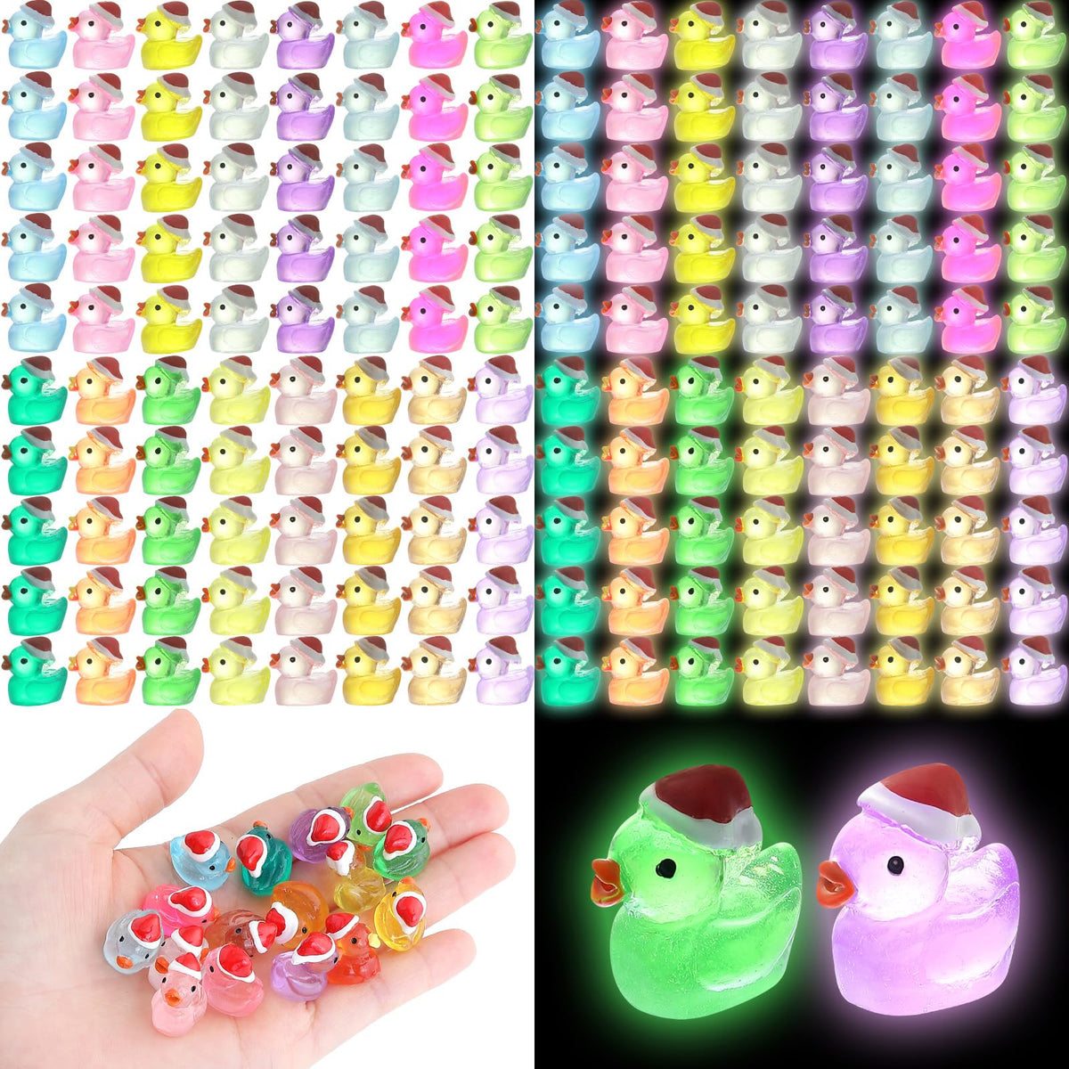 ROMROC 160Pcs Luminous Mini Christmas Resin Ducks – Glow in the Dark Decor