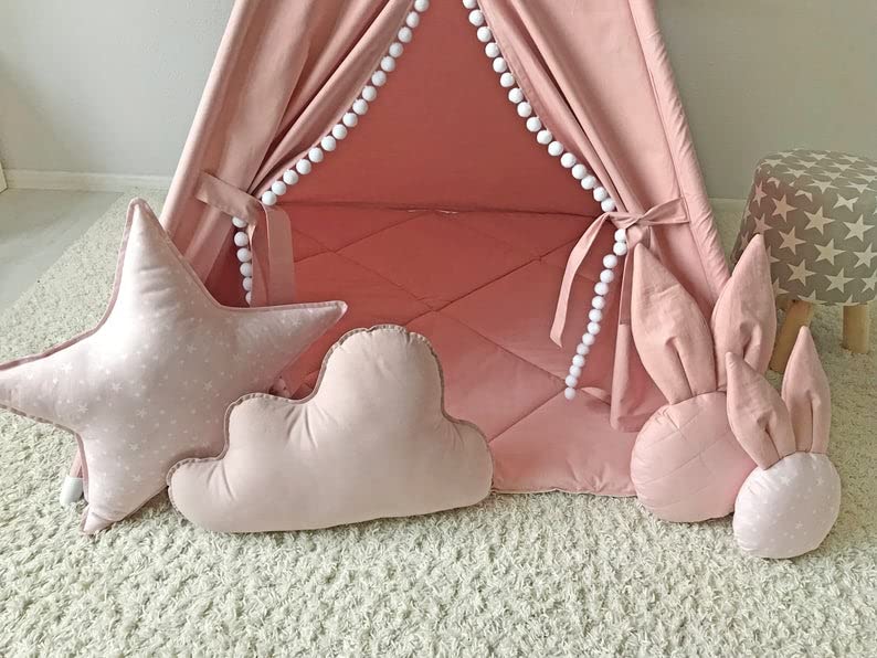 RONGFA Kids Teepee Tent with White Pom Pom – Pink Indoor Play Teepee