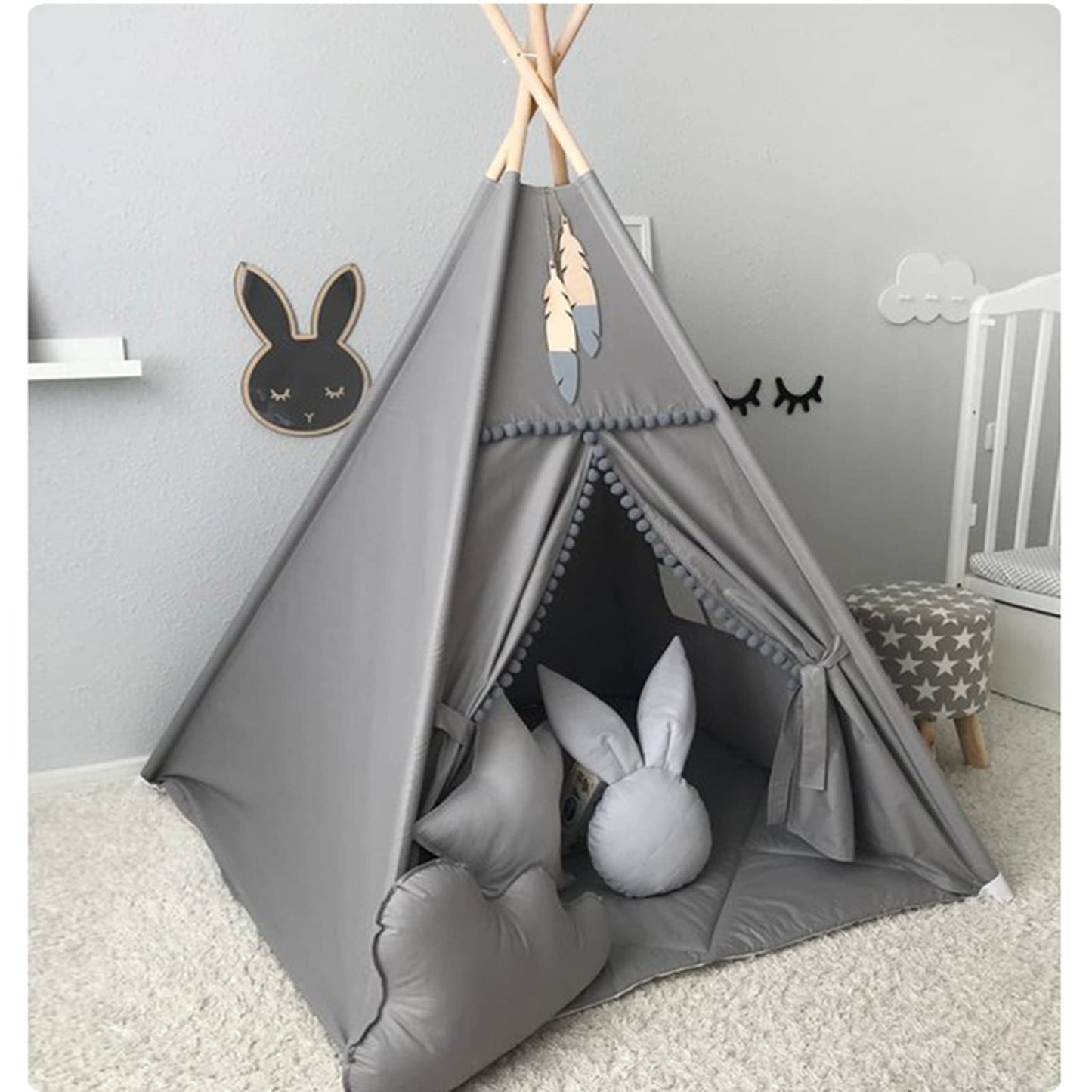 RONGFA Kids Teepee Tent with White Pom Pom – Indoor Play House (Grey)