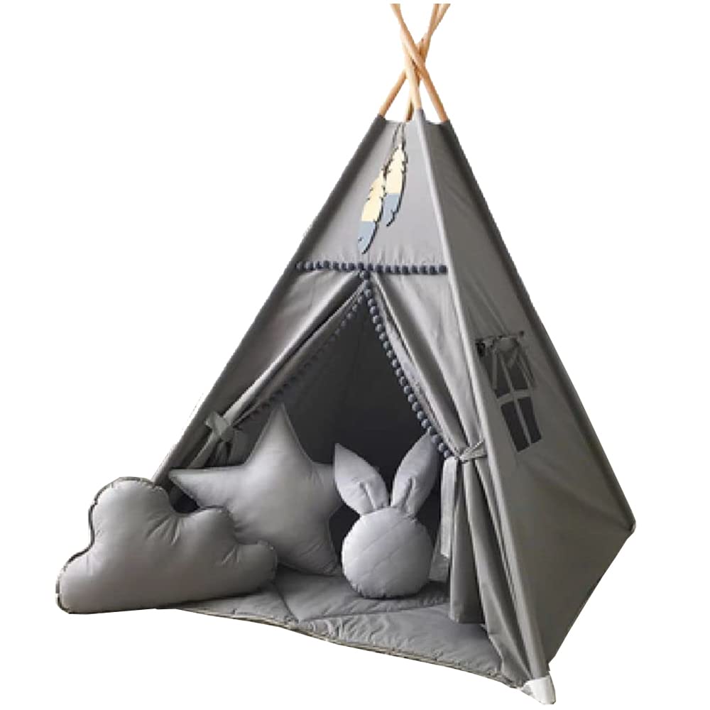 RONGFA Kids Teepee Tent with White Pom Pom – Indoor Play House (Grey)