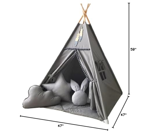 RONGFA Kids Teepee Tent with White Pom Pom – Indoor Play House (Grey)