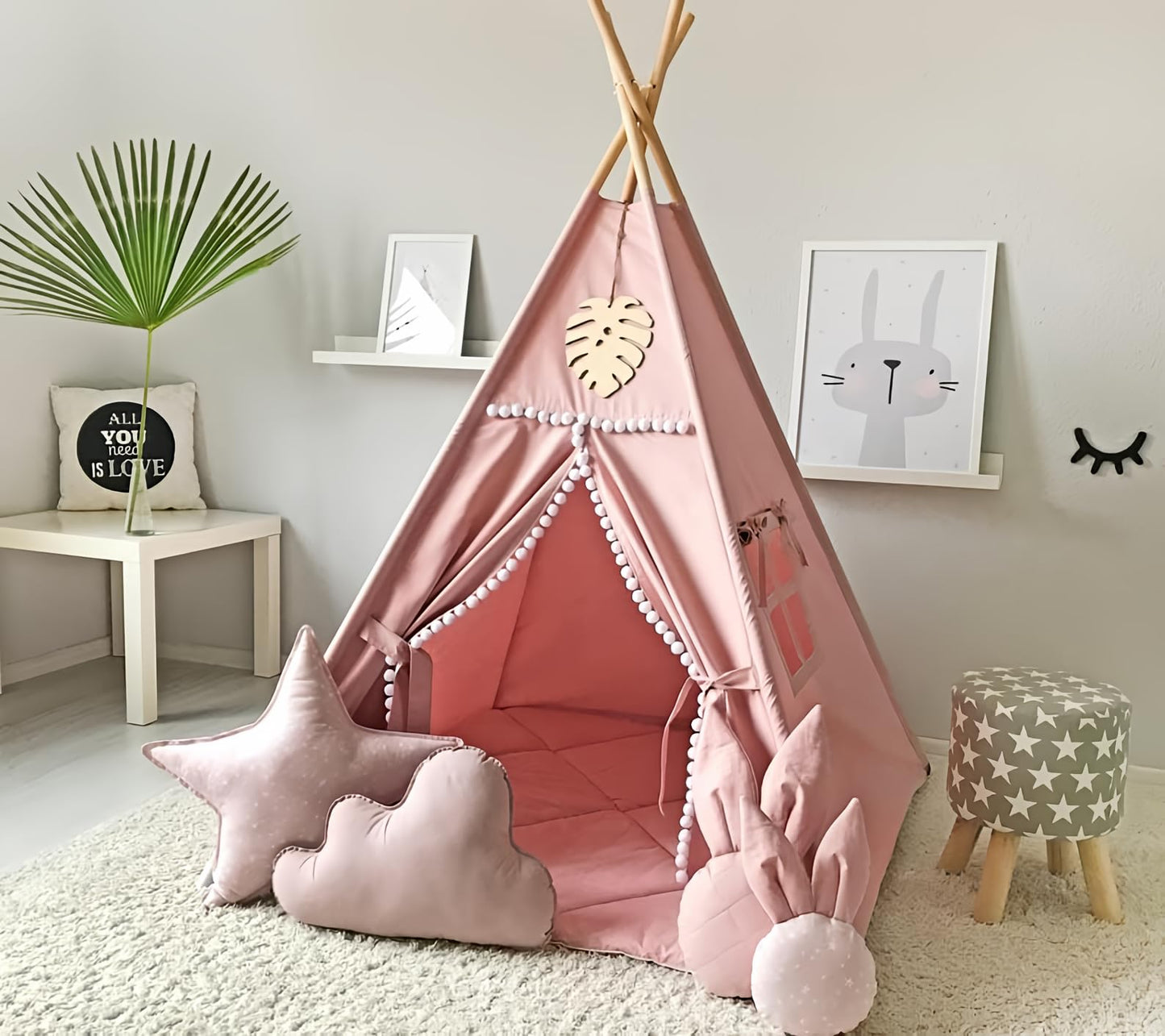 RONGFA Kids Teepee Tent with White Pom Pom – Pink Indoor Play Teepee