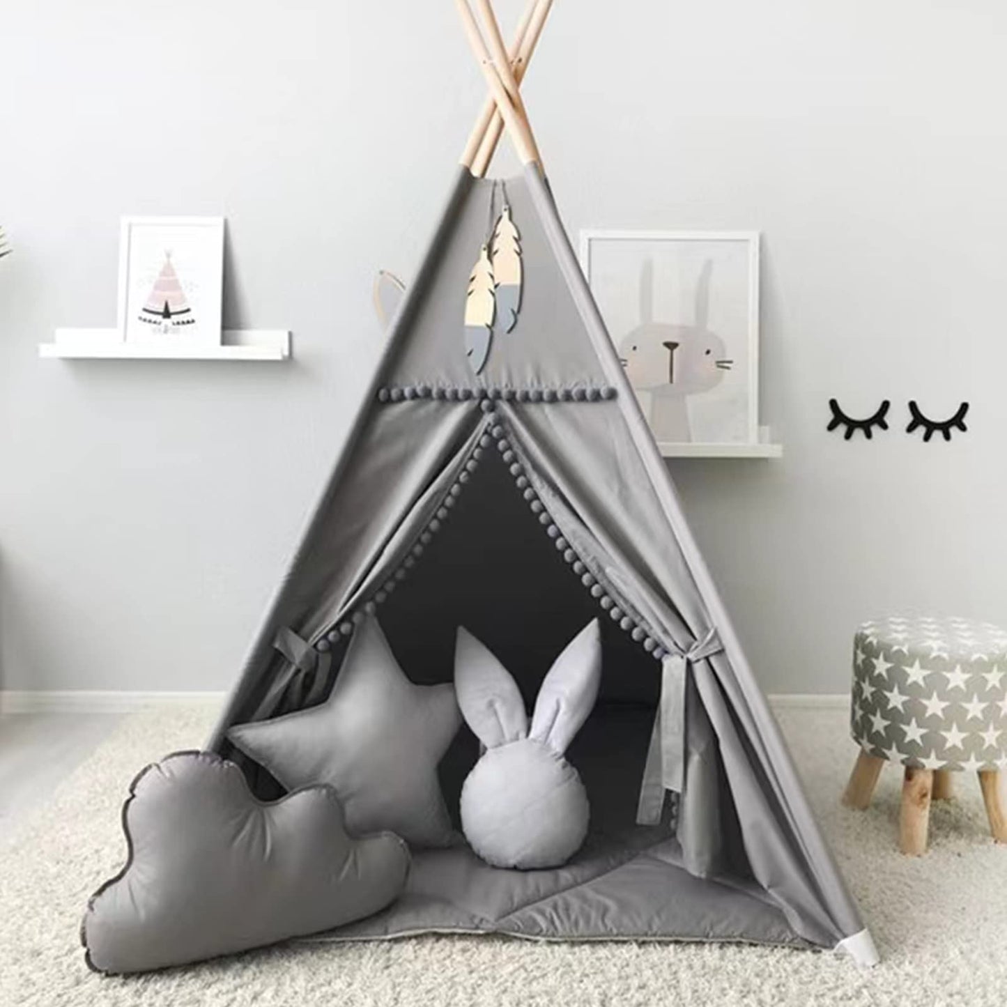 RONGFA Kids Teepee Tent with White Pom Pom – Indoor Play House (Grey)