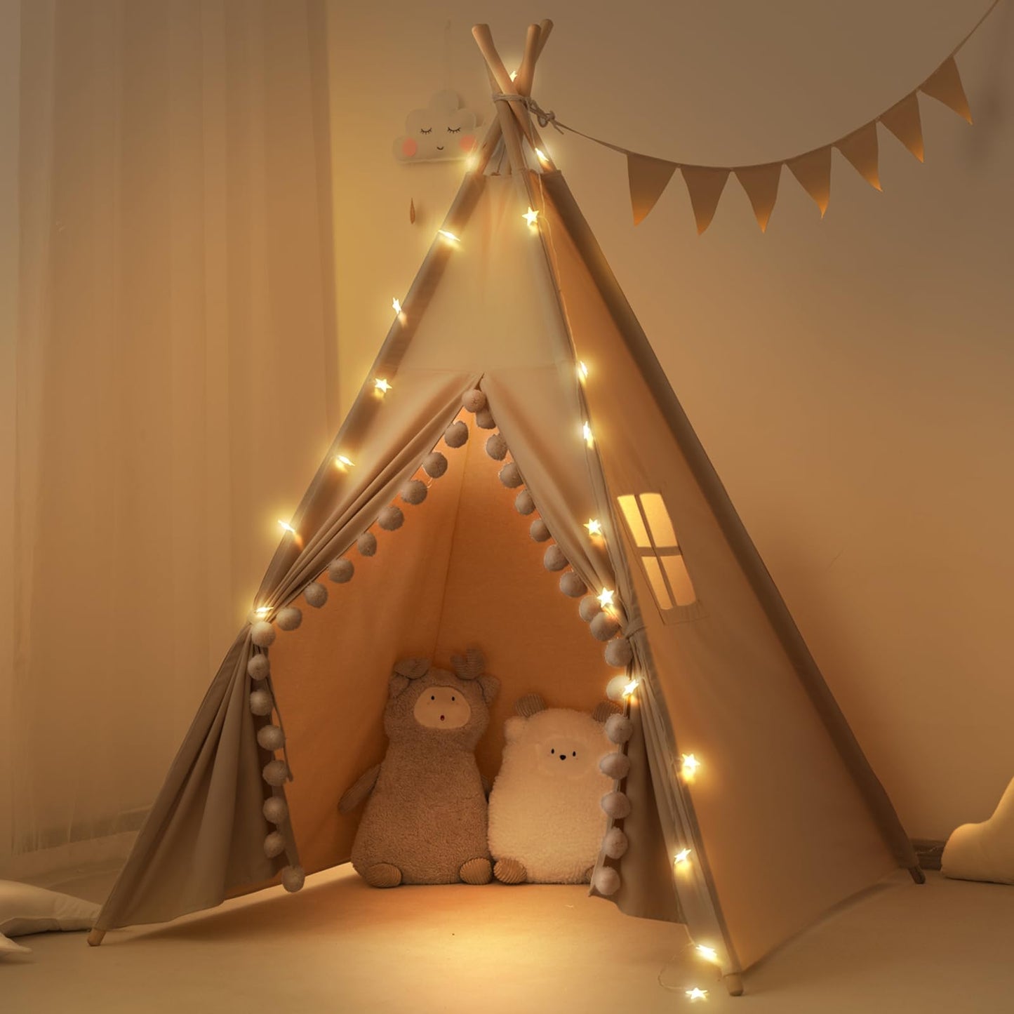 RONGFA Kids Teepee Tent with Lights, Large Pompoms & Carry Bag – Indoor Play Teepee