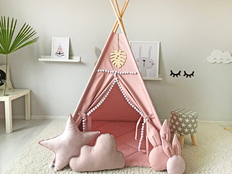 RONGFA Kids Teepee Tent with White Pom Pom – Pink Indoor Play Teepee