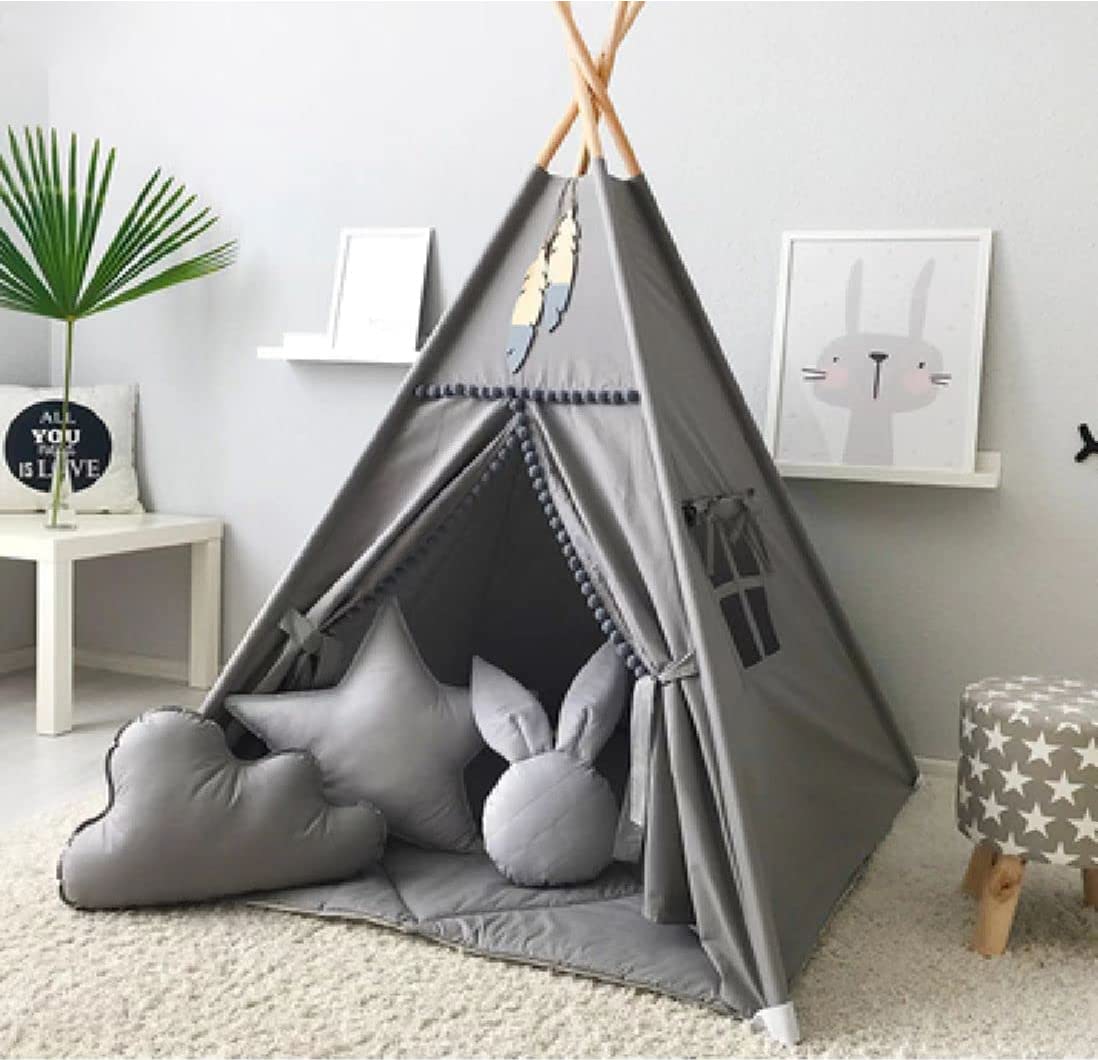 RONGFA Kids Teepee Tent with White Pom Pom – Indoor Play House (Grey)