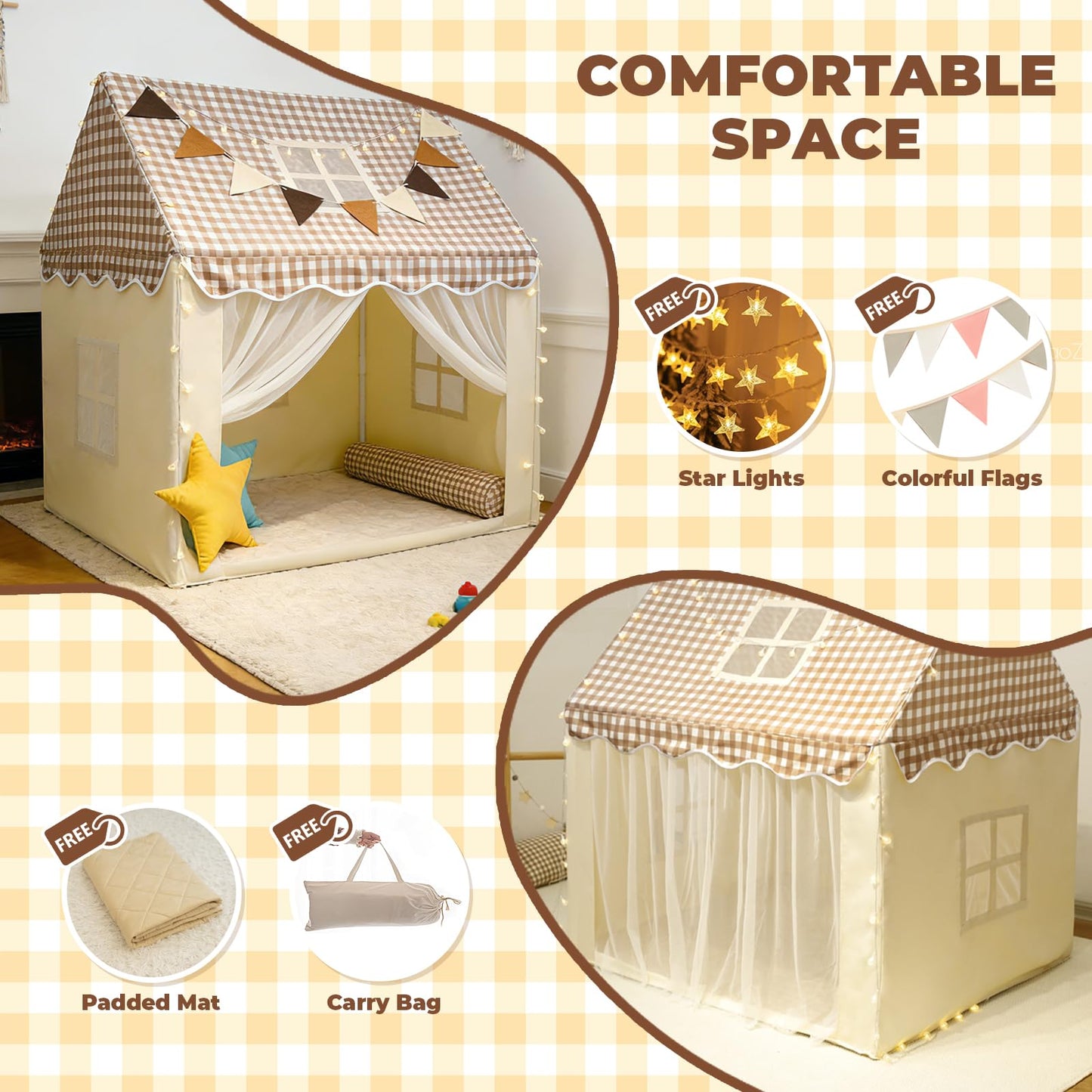 RONGFA Playhouse Tent for Kids – Indoor & Outdoor with Star Light, Flags & Carry Bag (Lattice Top)