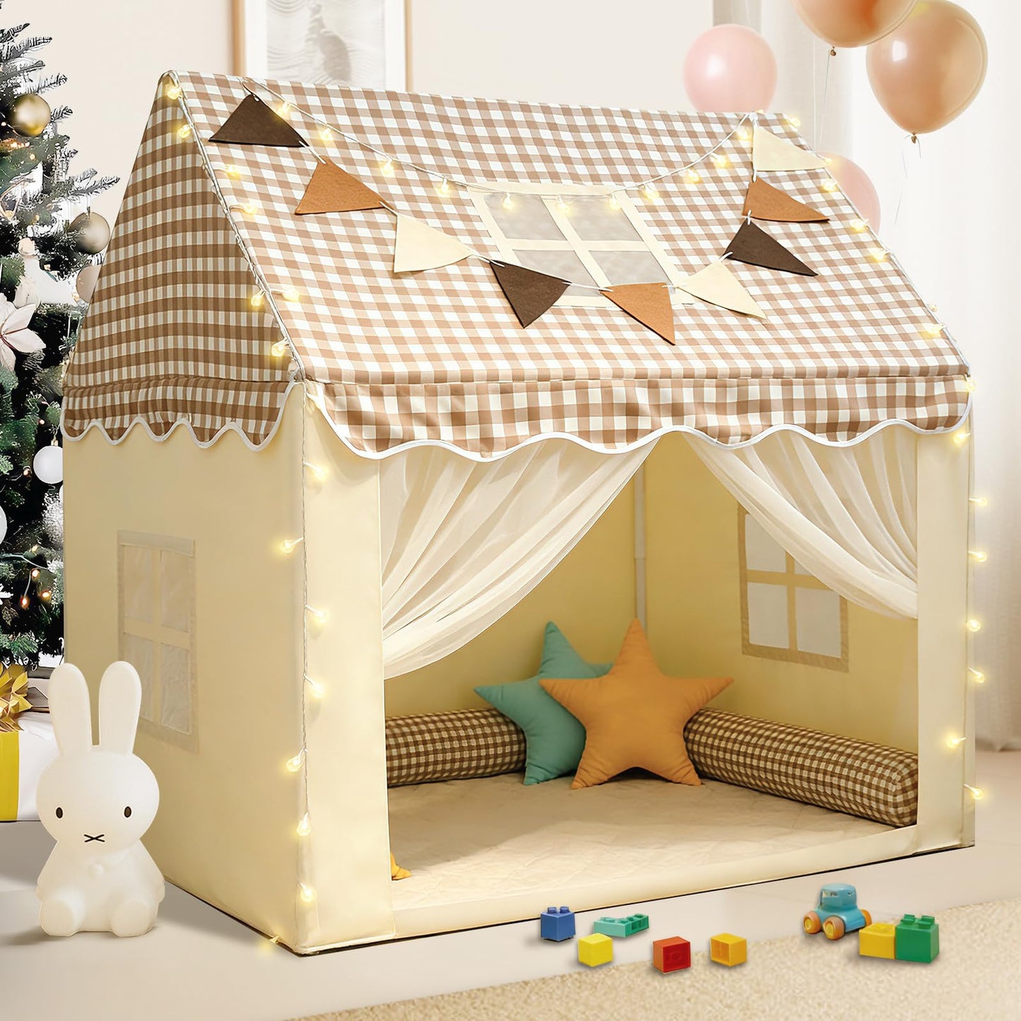 RONGFA Playhouse Tent for Kids – Indoor & Outdoor with Star Light, Flags & Carry Bag (Lattice Top)