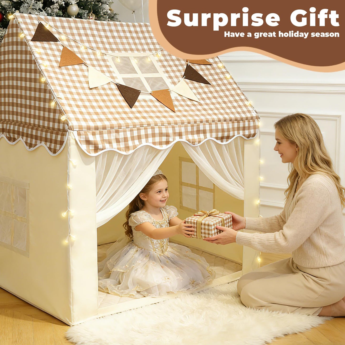 RONGFA Playhouse Tent for Kids – Indoor & Outdoor with Star Light, Flags & Carry Bag (Lattice Top)