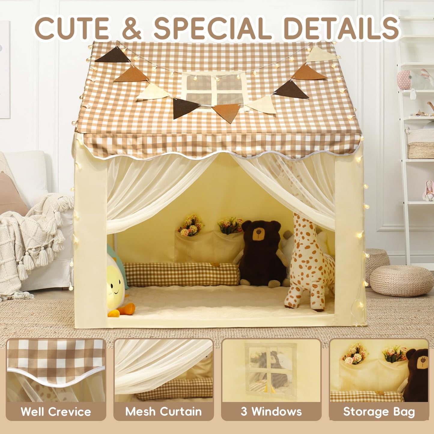 RONGFA Playhouse Tent for Kids – Indoor & Outdoor with Star Light, Flags & Carry Bag (Lattice Top)