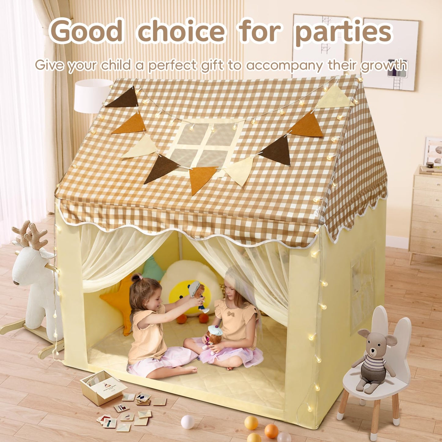 RONGFA Playhouse Tent for Kids – Indoor & Outdoor with Star Light, Flags & Carry Bag (Lattice Top)