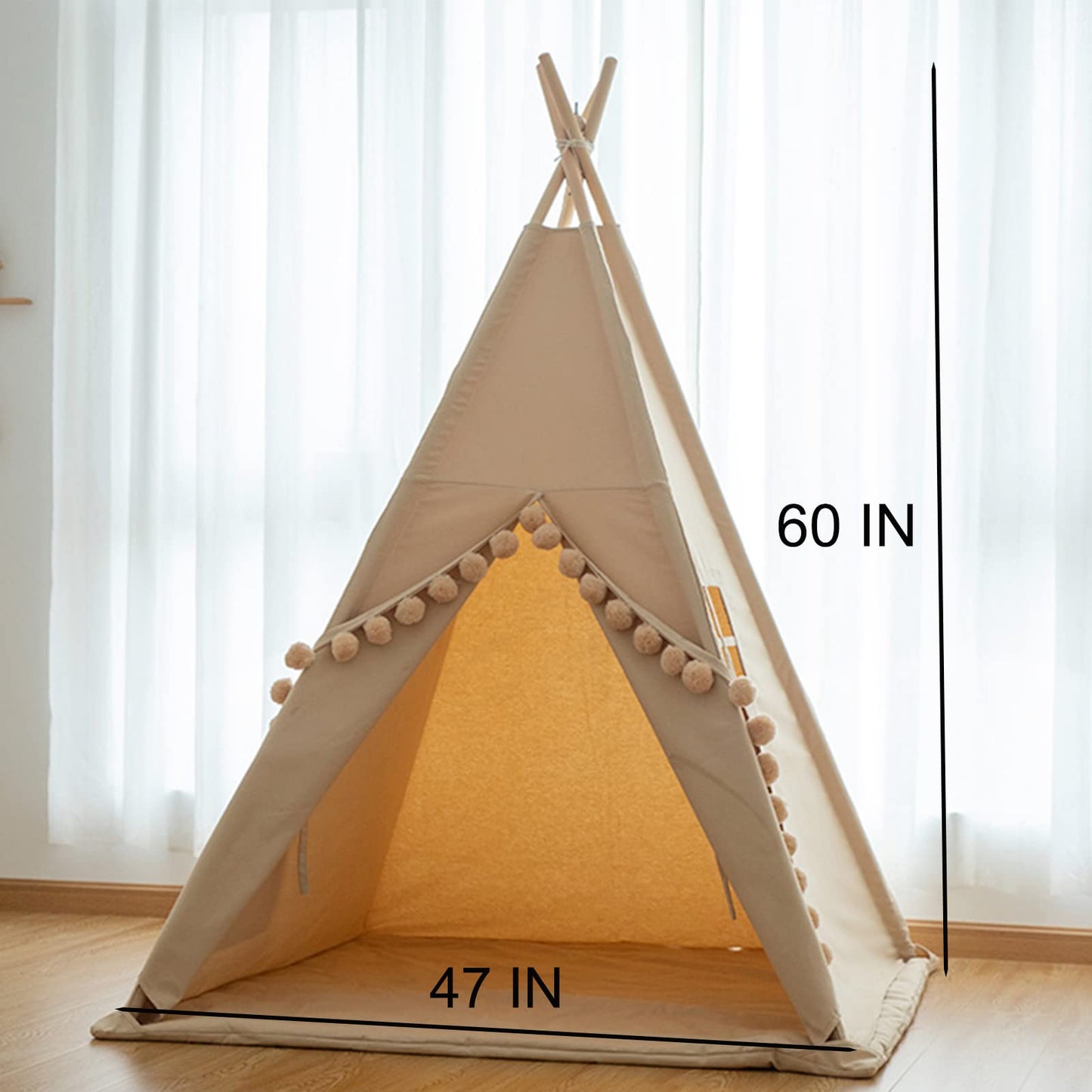 RONGFA Kids Teepee Tent with Lights, Large Pompoms & Carry Bag – Indoor Play Teepee