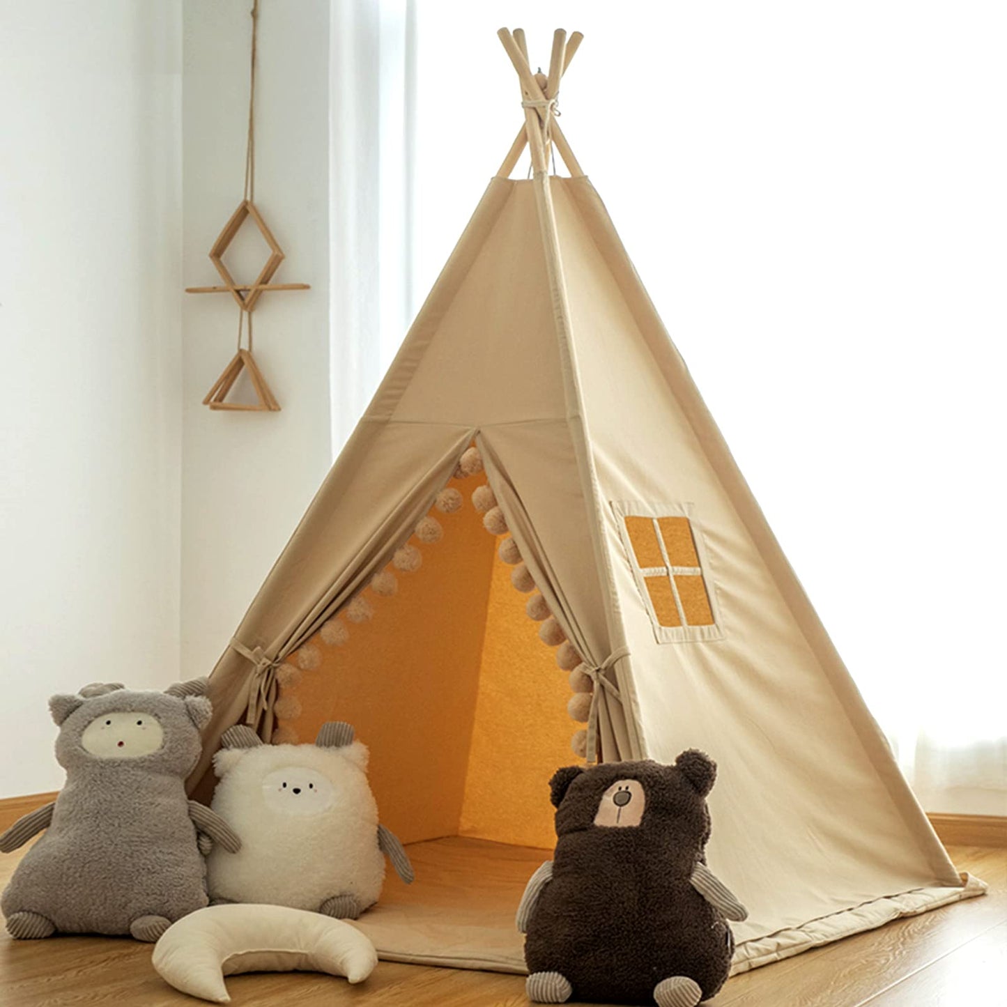 RONGFA Kids Teepee Tent with Floor Mat – Foldable Cotton Canvas Play Cottage