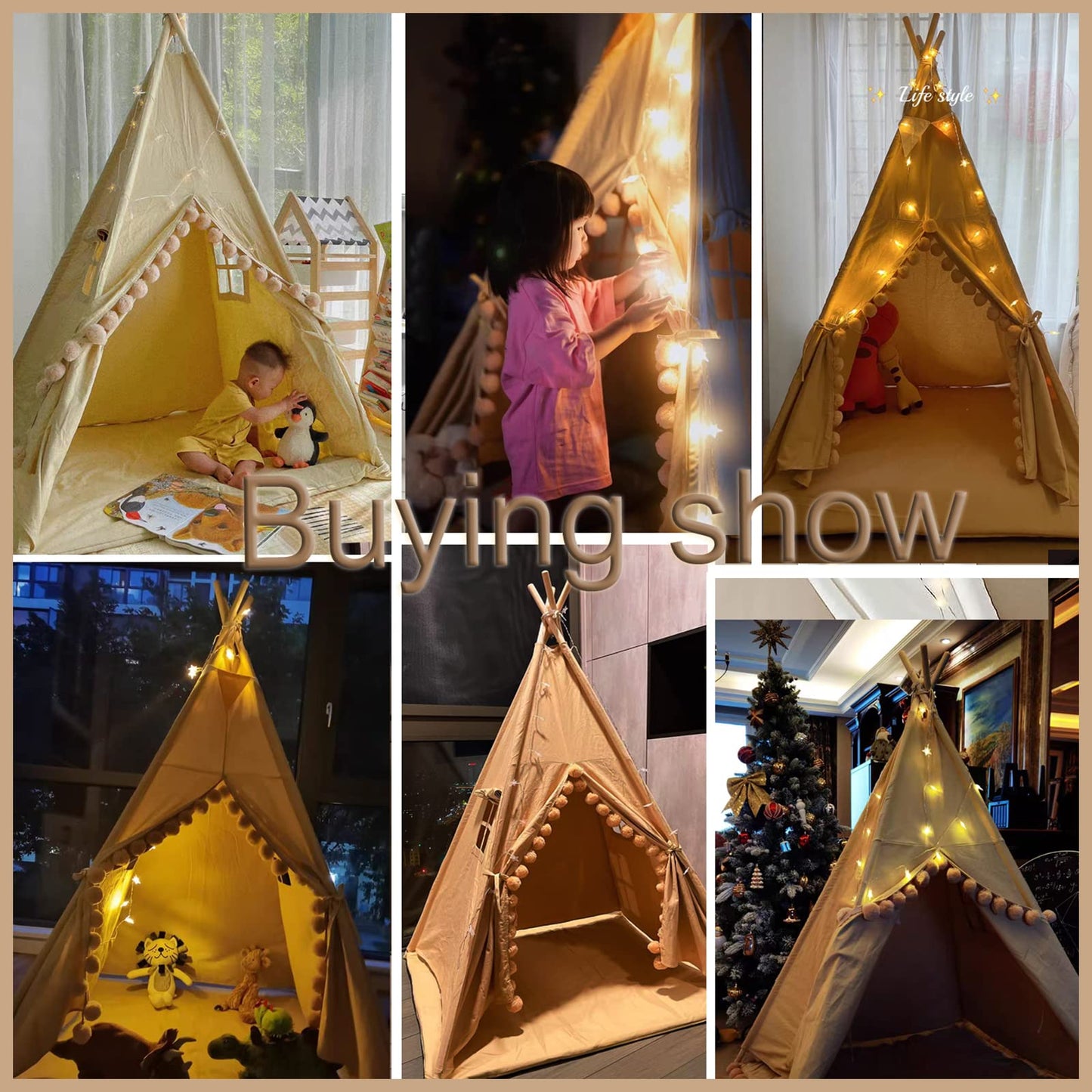 RONGFA Kids Teepee Tent with Floor Mat – Foldable Cotton Canvas Play Cottage