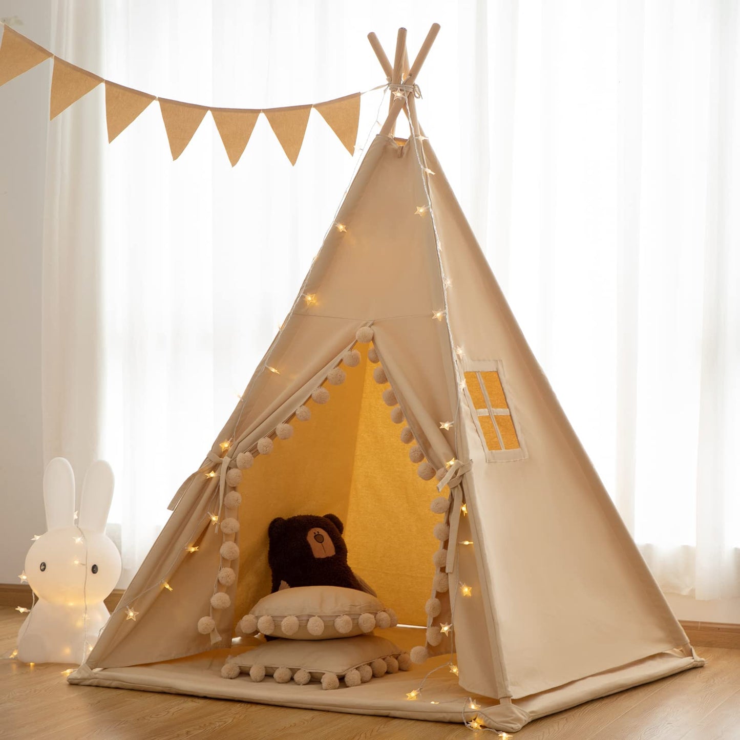 RONGFA Kids Teepee Tent with Floor Mat – Foldable Cotton Canvas Play Cottage