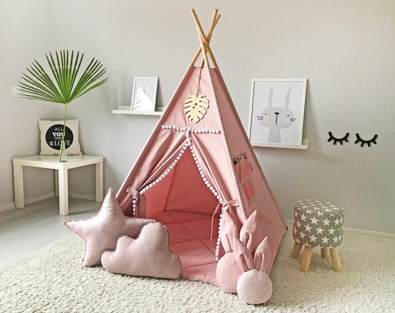 RONGFA Kids Teepee Tent with White Pom Pom – Pink Indoor Play Teepee