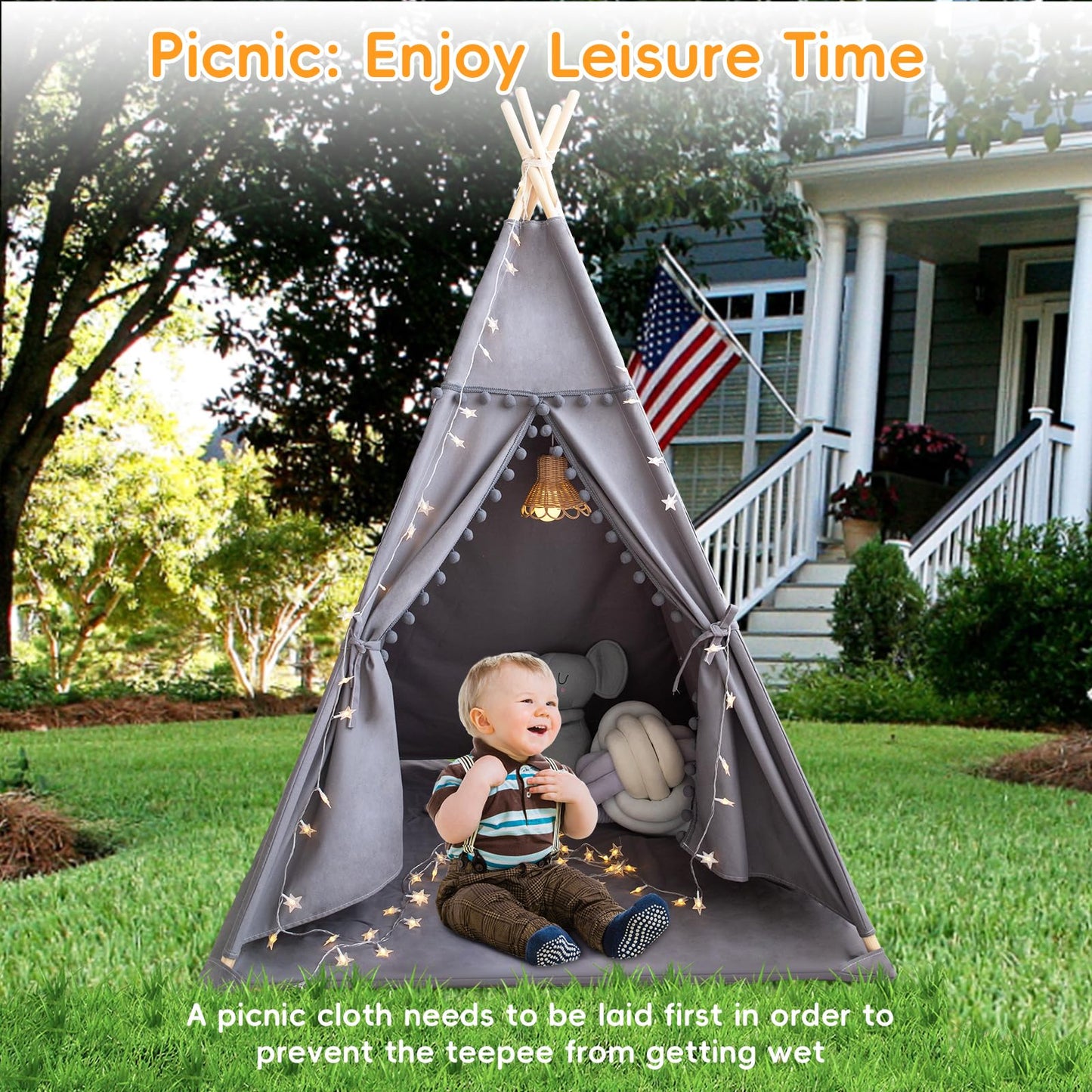 RONGFA Teepee Tent for Kids – Cotton Canvas Playhouse with Mat & Star Lights (Grey)