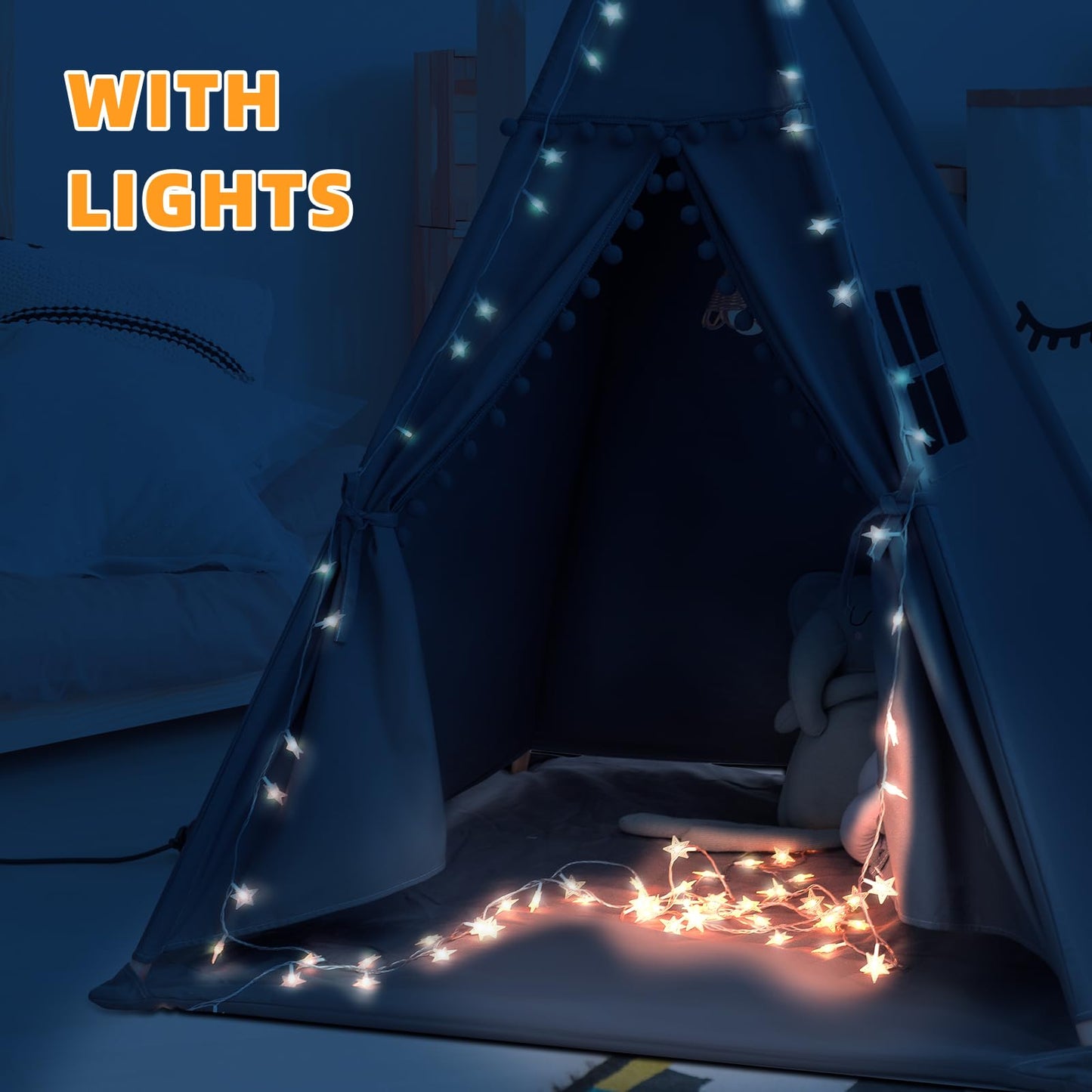 RONGFA Teepee Tent for Kids – Cotton Canvas Playhouse with Mat & Star Lights (Grey)