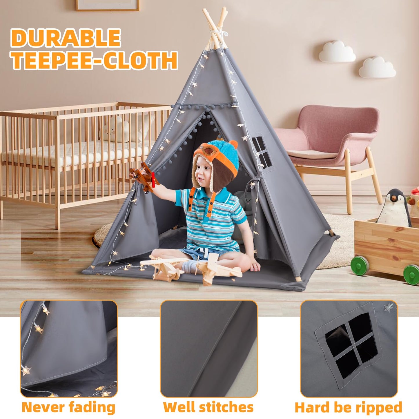 RONGFA Teepee Tent for Kids – Cotton Canvas Playhouse with Mat & Star Lights (Grey)