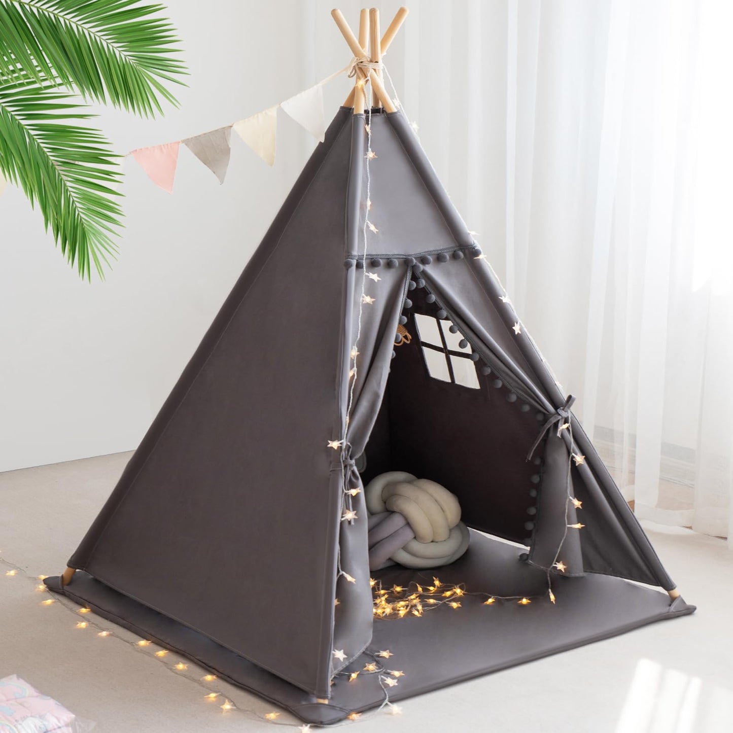 RONGFA Teepee Tent for Kids – Cotton Canvas Playhouse with Mat & Star Lights (Grey)