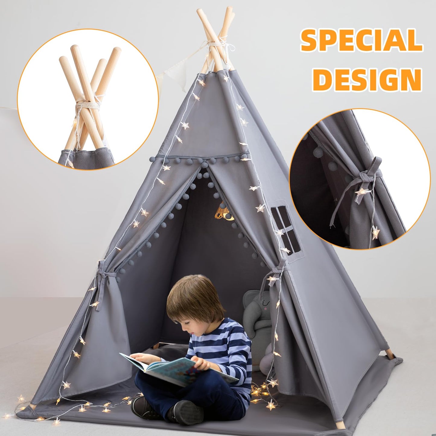 RONGFA Teepee Tent for Kids – Cotton Canvas Playhouse with Mat & Star Lights (Grey)