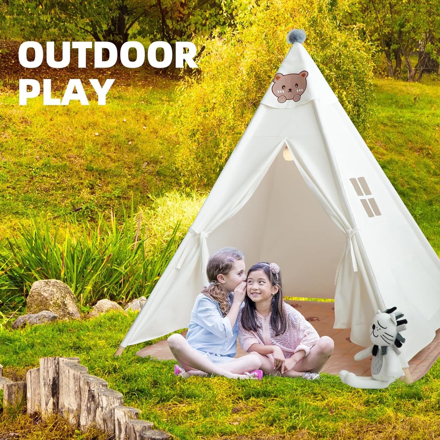 RongFa Teepee Tent for Kids – Portable Indoor/Outdoor Play Tent with Mat (White)