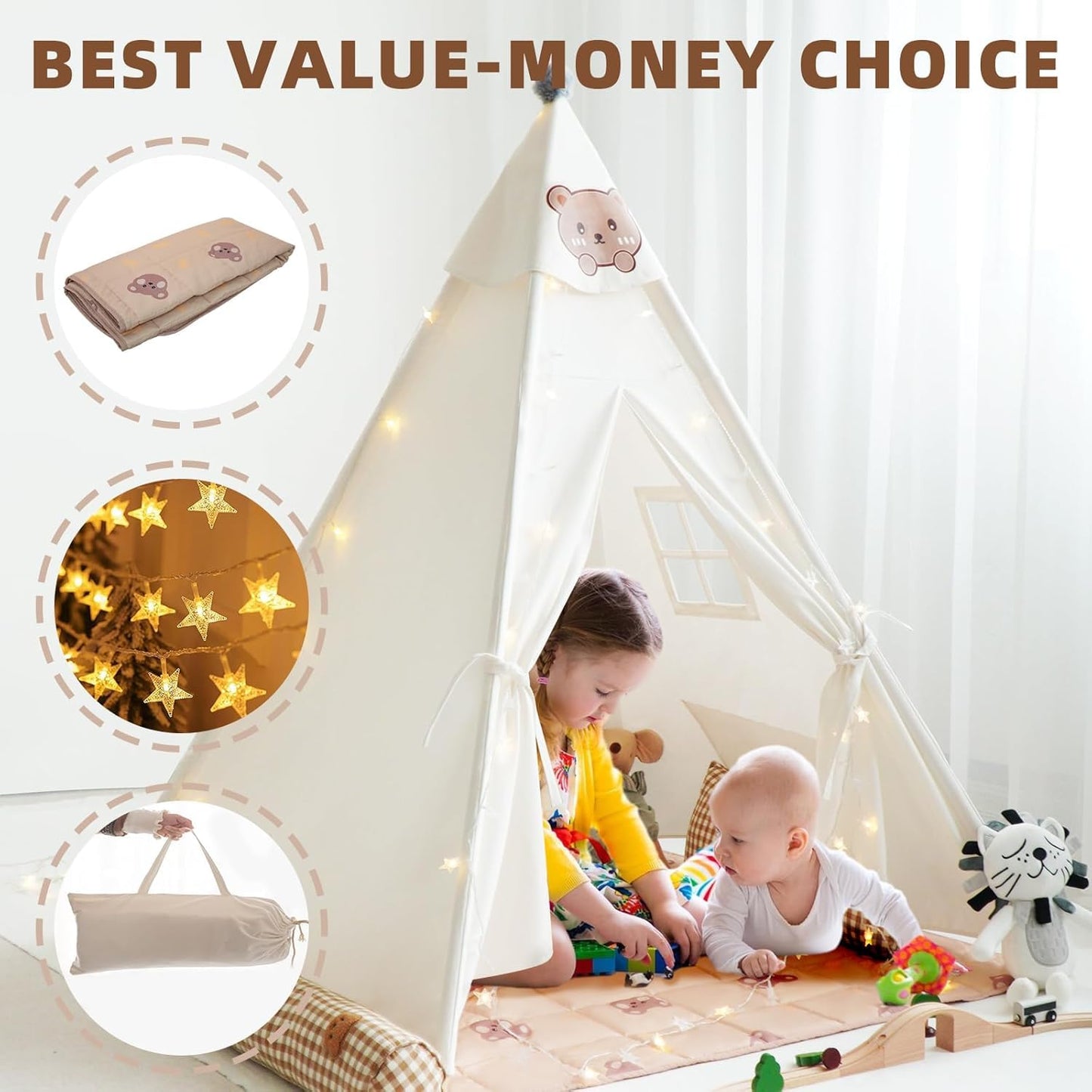 RongFa Teepee Tent for Kids – Portable Indoor/Outdoor Play Tent with Mat (White)