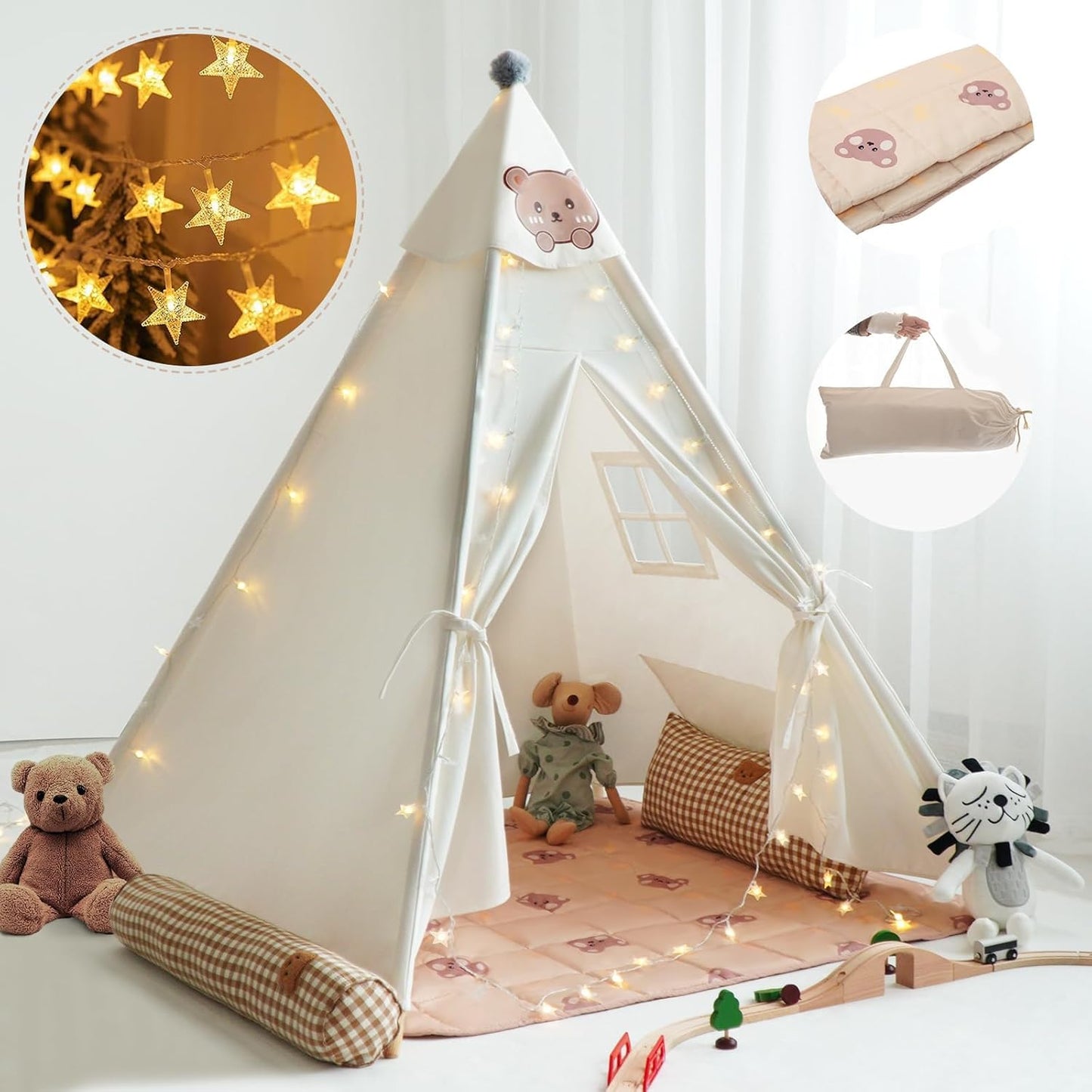 RongFa Teepee Tent for Kids – Portable Indoor/Outdoor Play Tent with Mat (White)