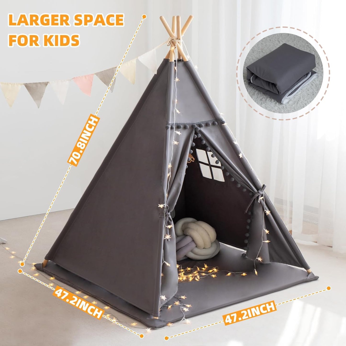 RONGFA Teepee Tent for Kids – Cotton Canvas Playhouse with Mat & Star Lights (Grey)