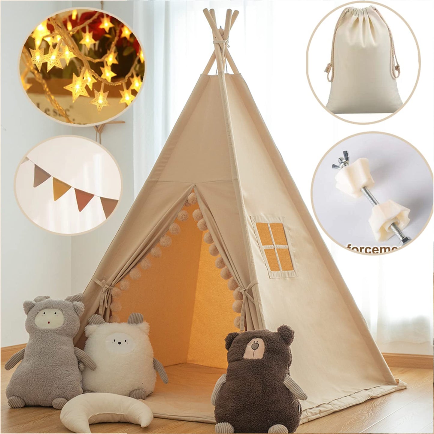 RONGFA Kids Teepee Tent with Lights, Large Pompoms & Carry Bag – Indoor Play Teepee