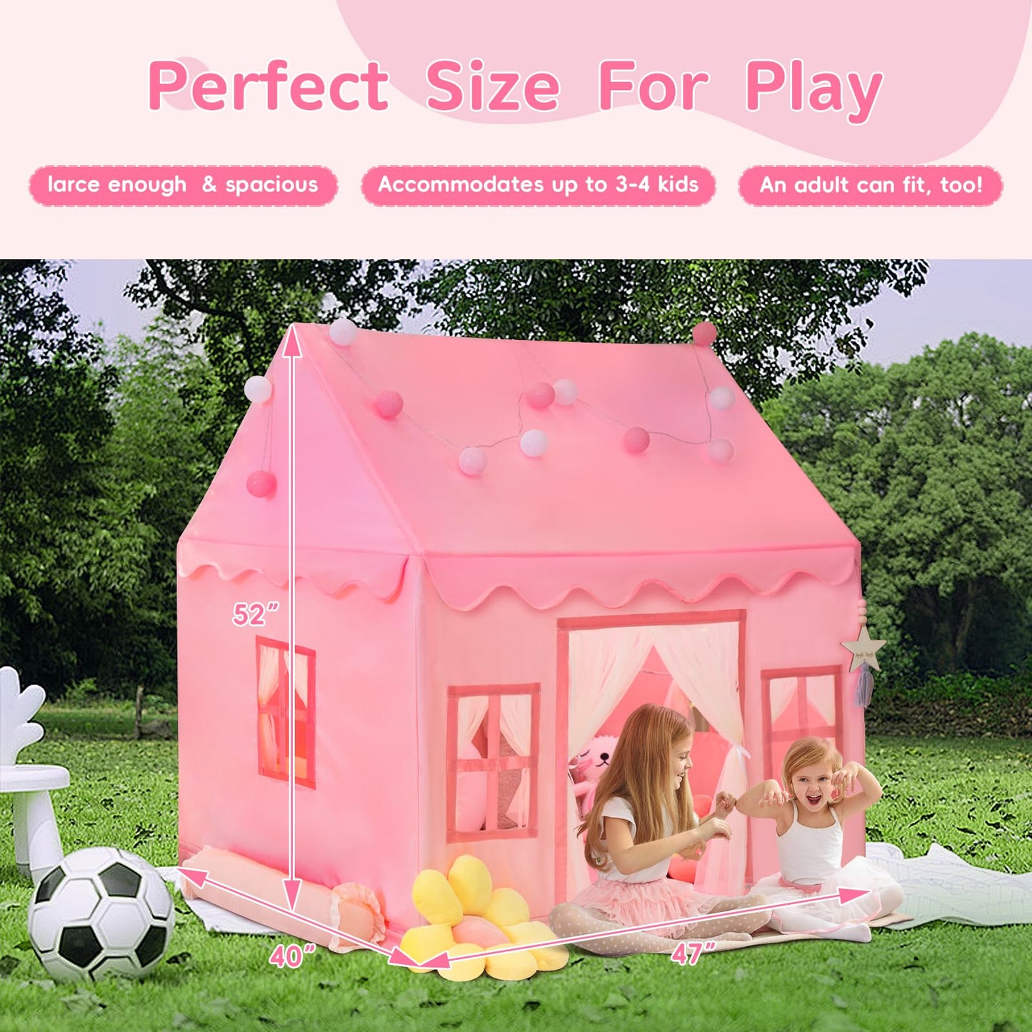 RONGFA Large Kids Tent Playhouse with Star Lights, Flags & Tote Bags – Pink Indoor & Outdoor Teepee Tent