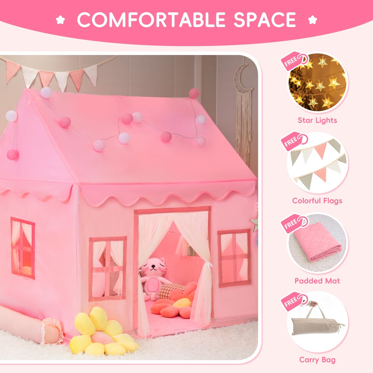 RONGFA Large Kids Tent Playhouse with Star Lights, Flags & Tote Bags – Pink Indoor & Outdoor Teepee Tent