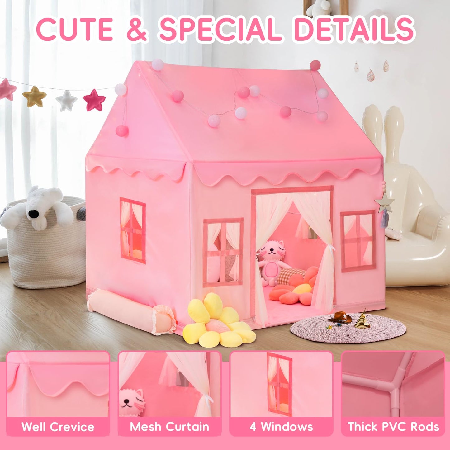 RONGFA Large Kids Tent Playhouse with Star Lights, Flags & Tote Bags – Pink Indoor & Outdoor Teepee Tent
