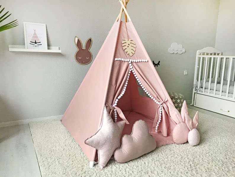RONGFA Kids Teepee Tent with White Pom Pom – Pink Indoor Play Teepee