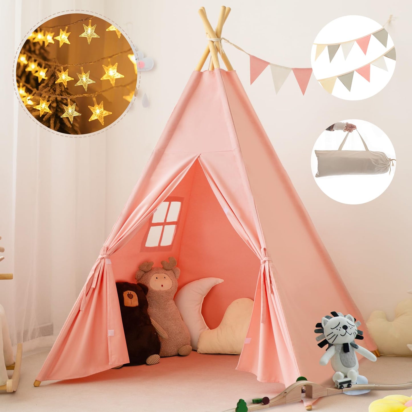 RongFa Pink Teepee Tent for Kids – Portable Indoor/Outdoor Playhouse (48x48x56 in)