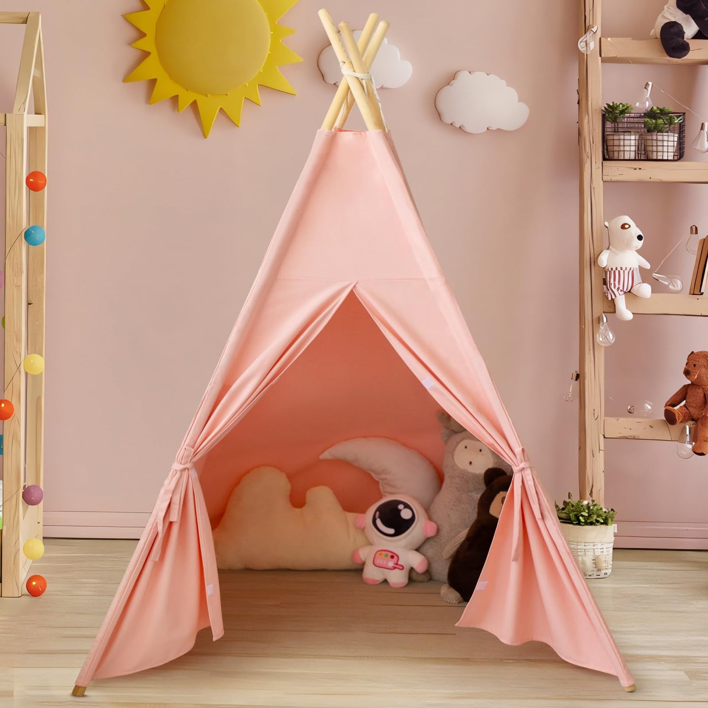 RongFa Pink Teepee Tent for Kids – Portable Indoor/Outdoor Playhouse (48x48x56 in)